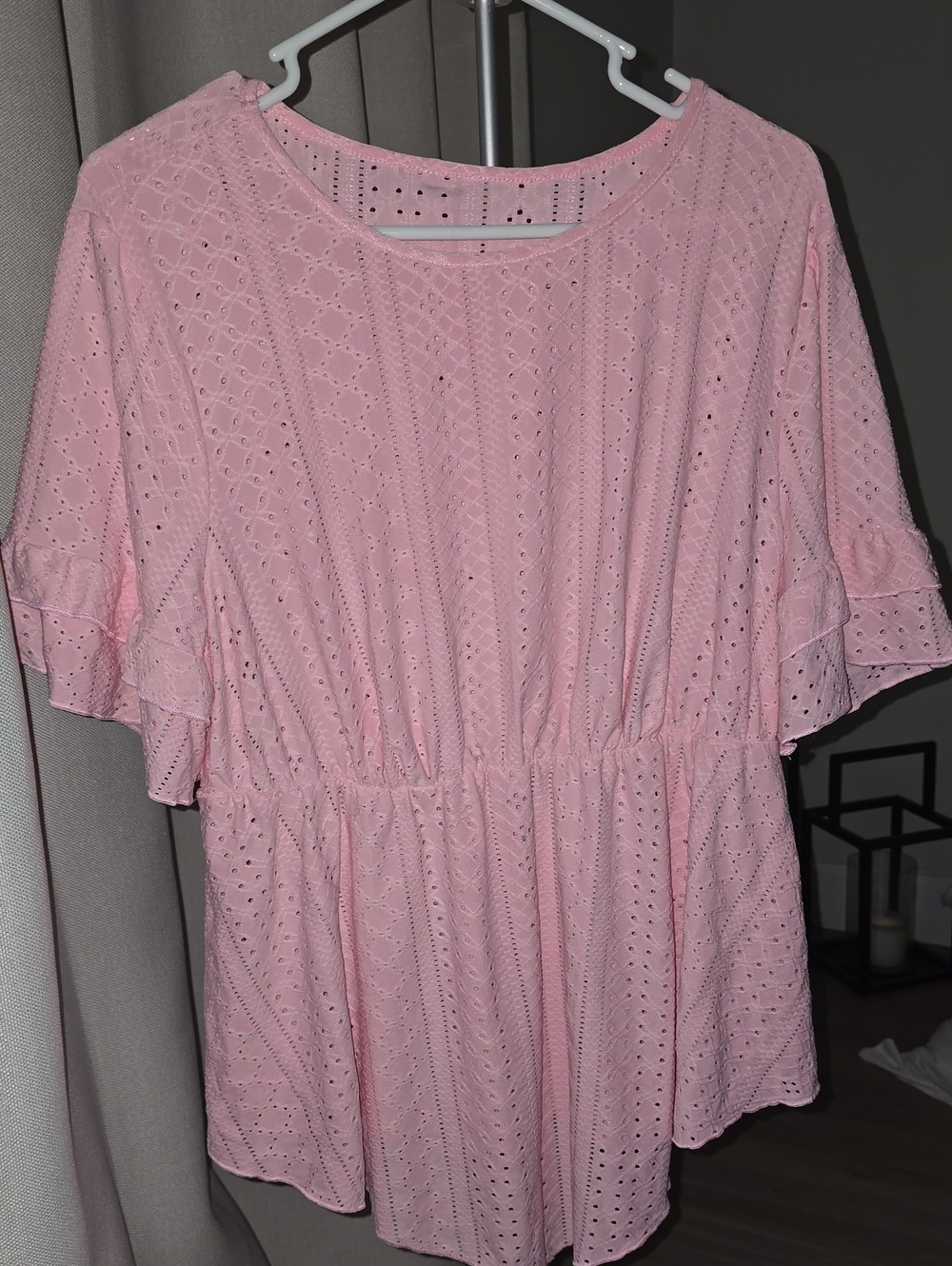 SHEIN Soft Pink Eyelet Ruffle Sleeve Midi Dress